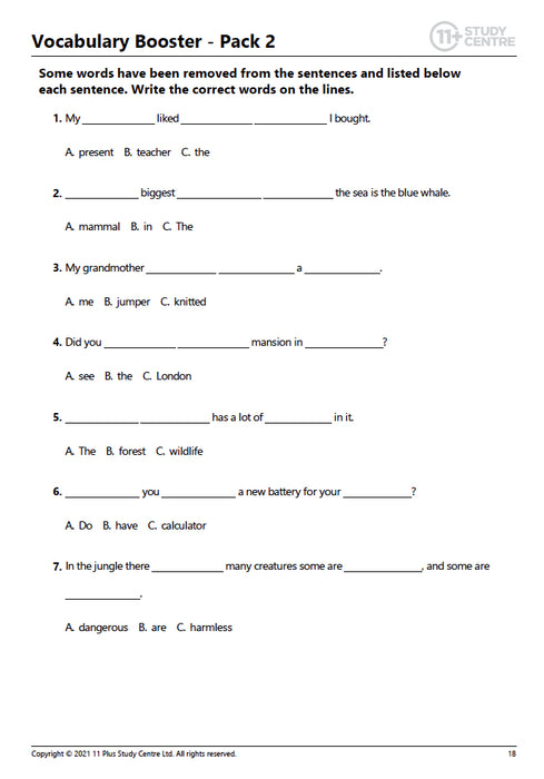 11+ vocabulary worksheets pdf